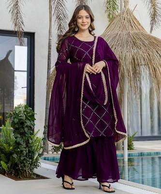 Wine faux georgette beautiful graceful ceremonial kurta set 5