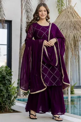 Wine faux georgette beautiful graceful ceremonial kurta set