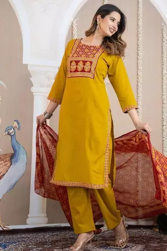 Cotton cambric printed straight  kurti-pant-dupatta  set