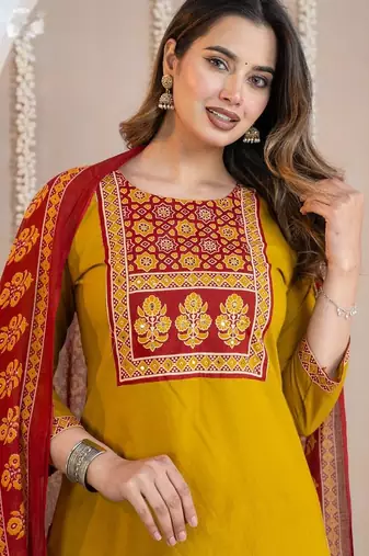 Cotton cambric printed straight  kurti-pant-dupatta  set