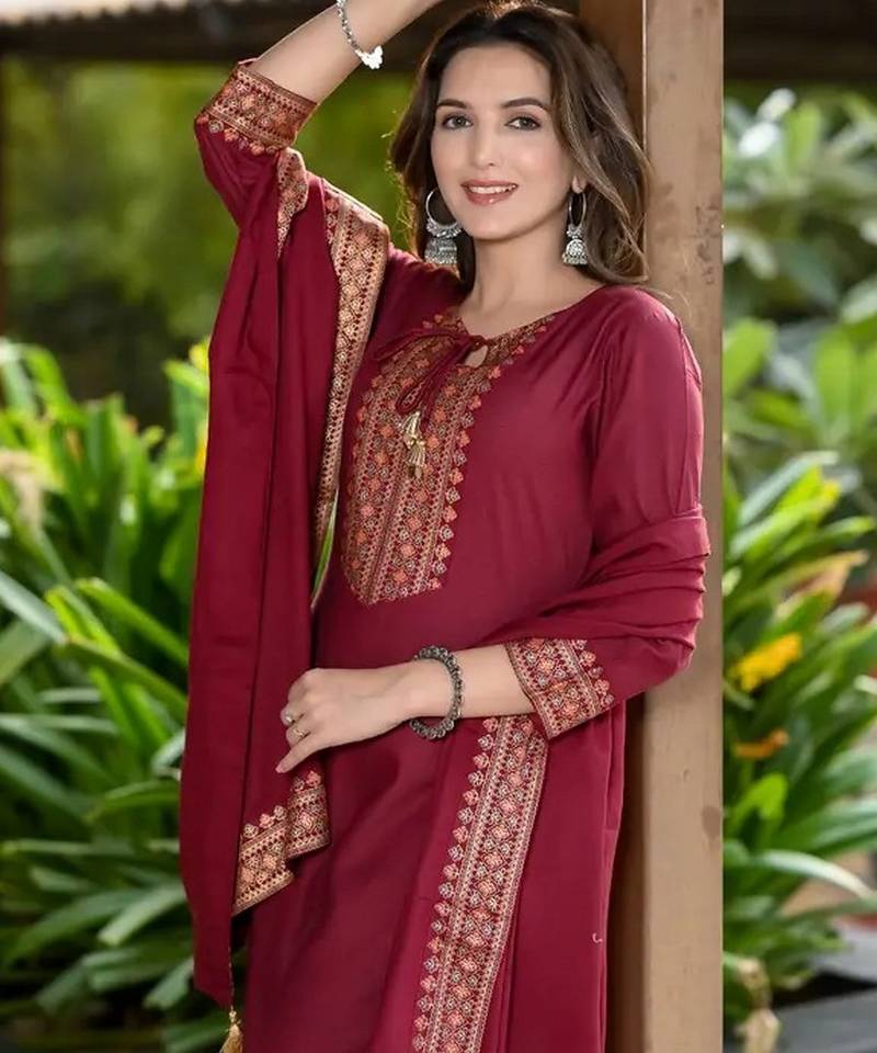 Maroon rayon slub fabric beautiful graceful ceremonial kurta set