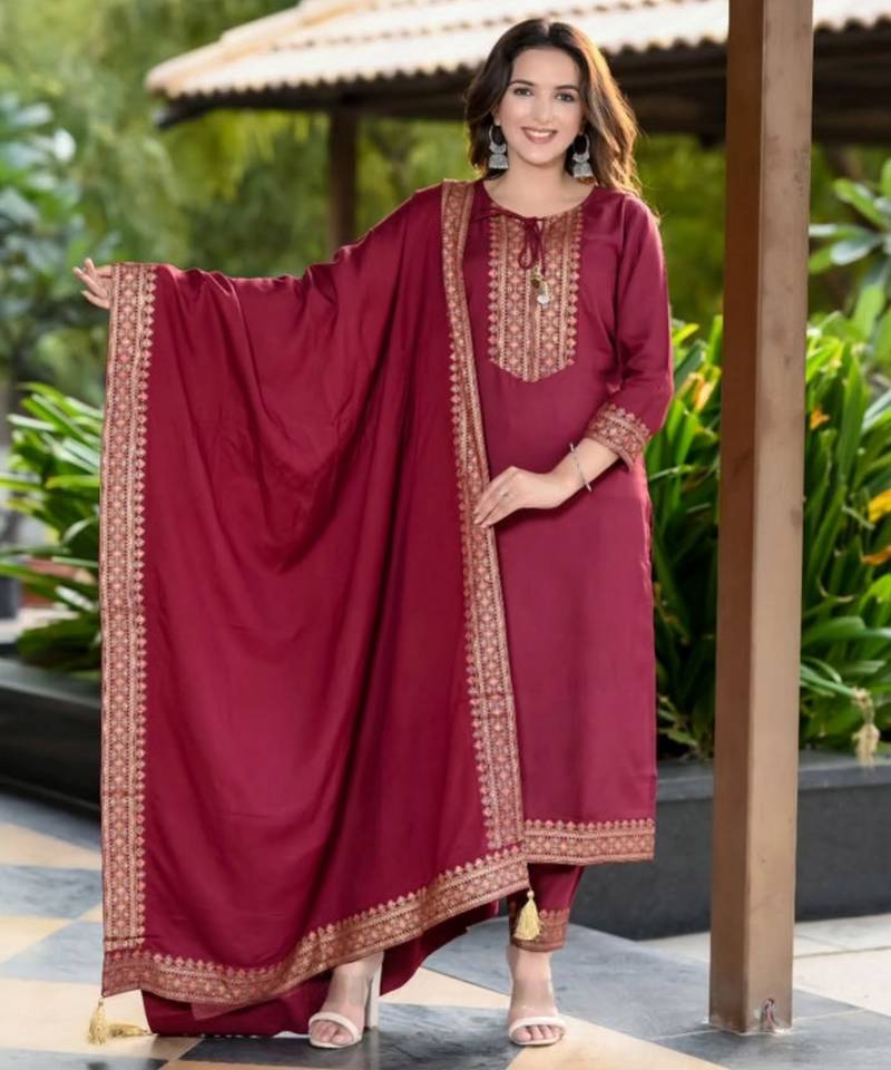 Maroon rayon slub fabric beautiful graceful ceremonial kurta set