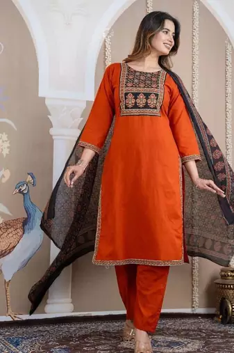 Cotton cambric printed straight  kurti-pant-dupatta  set