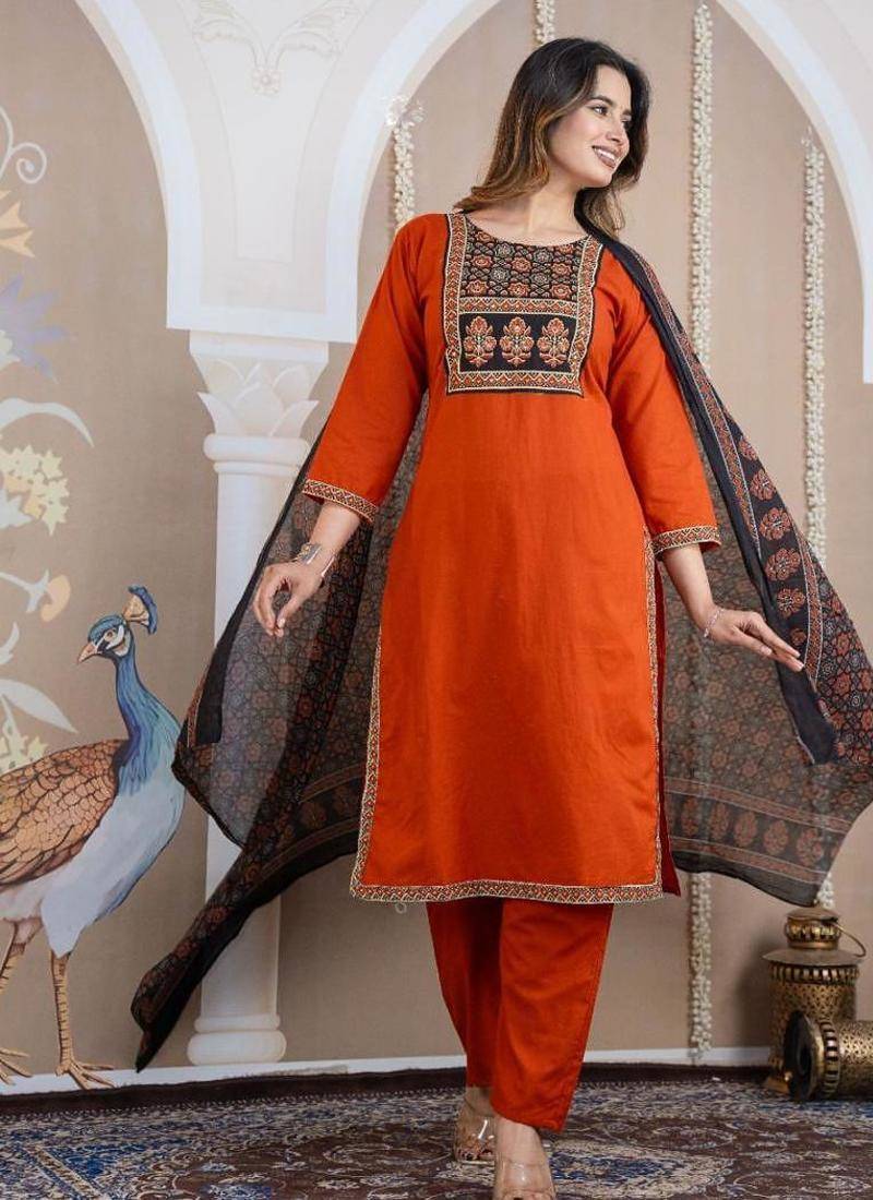 Cotton cambric printed straight  kurti-pant-dupatta  set