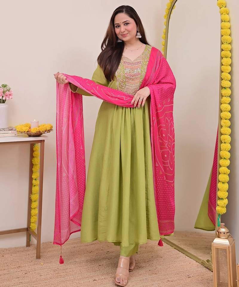 Green chinon  fabric beautiful graceful ceremonial kurta set