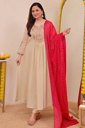 Cream chinon  fabric beautiful graceful ceremonial kurta set
