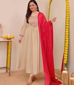 Cream chinon  fabric beautiful graceful ceremonial kurta set