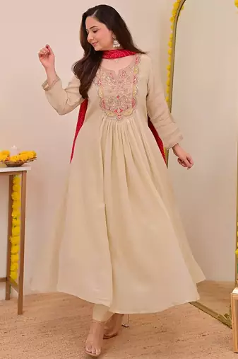 Cream chinon beautiful graceful ceremonial kurta set