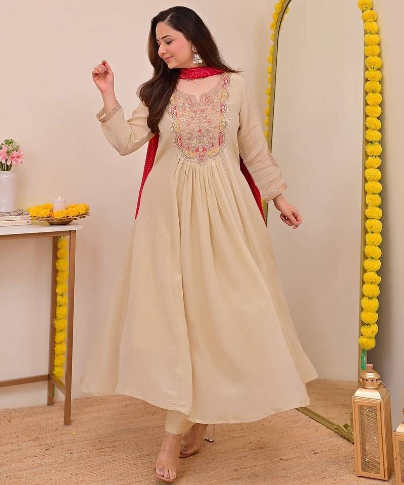 Cream chinon  fabric beautiful graceful ceremonial kurta set