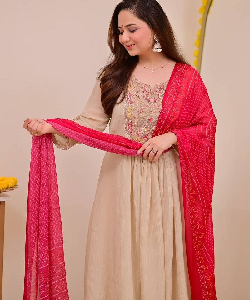 Cream chinon  fabric beautiful graceful ceremonial kurta set