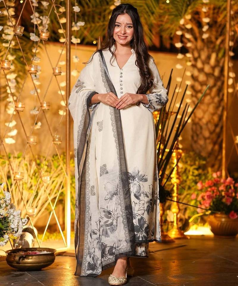 Off white viscose chanderi fabric beautiful graceful ceremonial kurta set