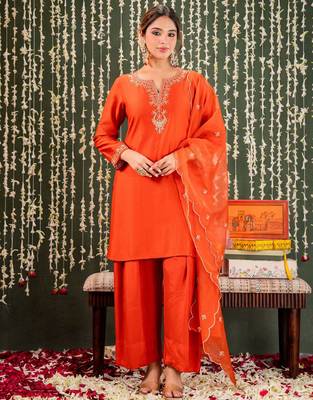 Orange chanderi beautiful graceful ceremonial kurta set 1