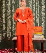 Orange chanderi fabric beautiful graceful ceremonial kurta set