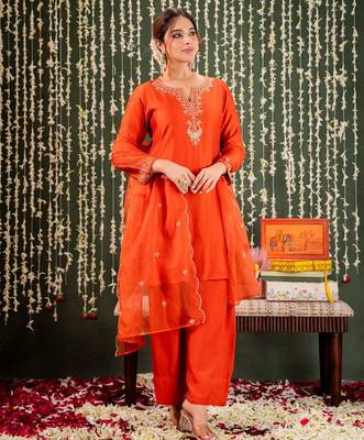 Orange chanderi beautiful graceful ceremonial kurta set 2
