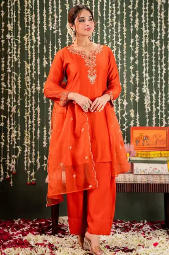 Orange chanderi beautiful graceful ceremonial kurta set