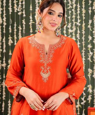 Orange chanderi beautiful graceful ceremonial kurta set 3