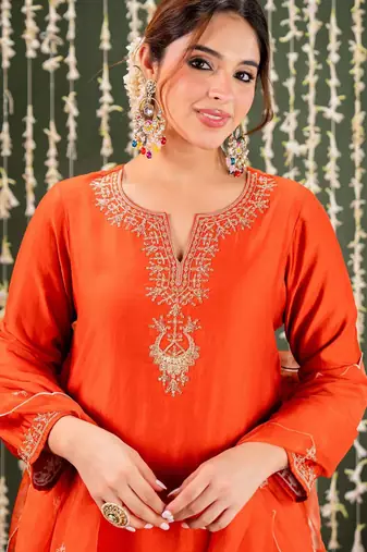 Orange chanderi beautiful graceful ceremonial kurta set