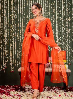 Orange chanderi beautiful graceful ceremonial kurta set 5
