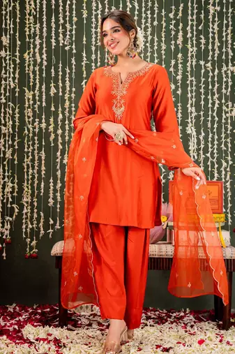 Orange chanderi beautiful graceful ceremonial kurta set