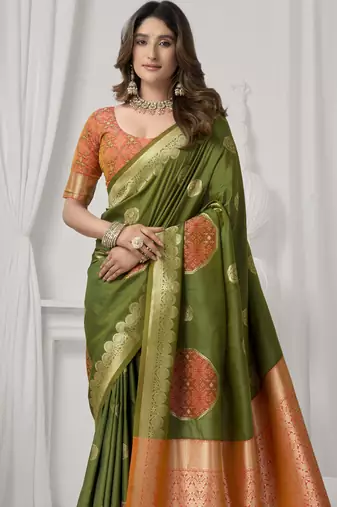 Mehendi soft silk saree with elegant fancy pom-pom pallu