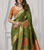 Mehendi soft silk saree with elegant fancy pom-pom pallu