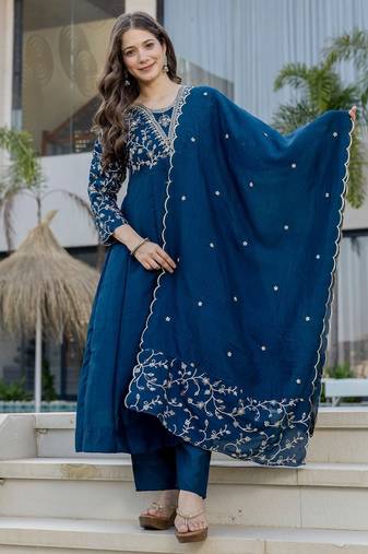 Blue vichitra silk fabric beautiful graceful ceremonial kurta set