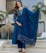 Blue vichitra silk fabric beautiful graceful ceremonial kurta set