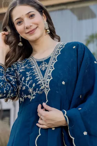 Blue vichitra silk beautiful graceful ceremonial kurta set