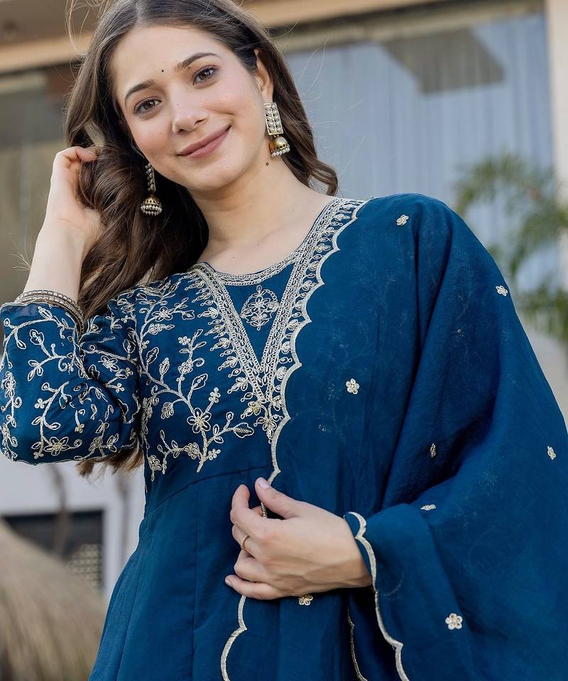 Blue vichitra silk fabric beautiful graceful ceremonial kurta set
