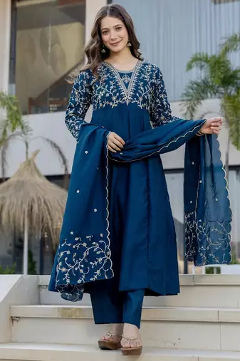 Blue vichitra silk beautiful graceful ceremonial kurta set
