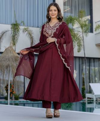 Maroon chinon beautiful graceful ceremonial kurta set 1