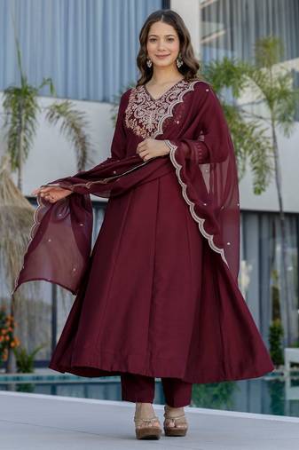 Maroon chinon  fabric beautiful graceful ceremonial kurta set