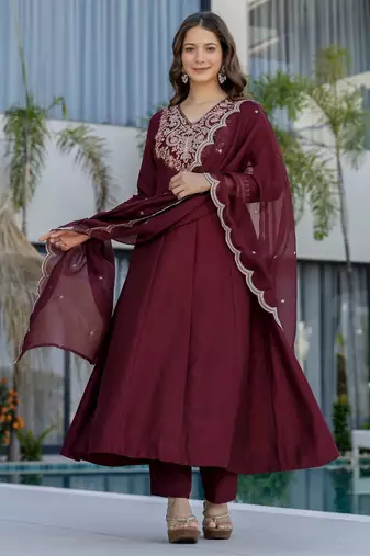 Maroon chinon  fabric beautiful graceful ceremonial kurta set