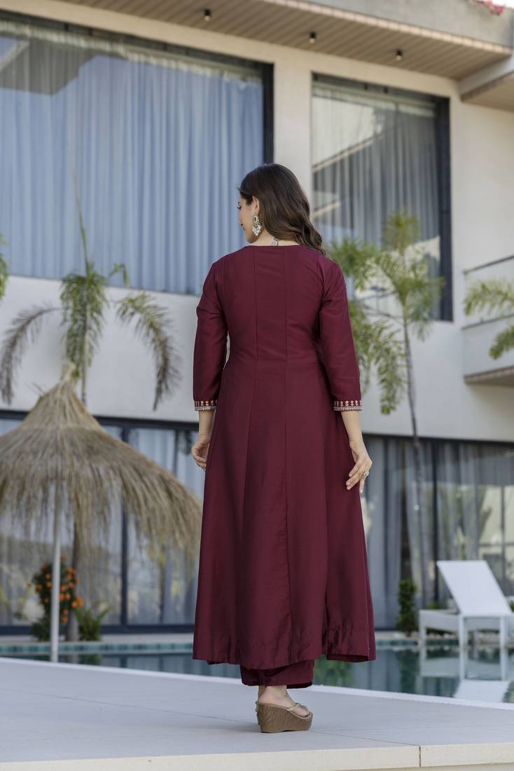 Maroon chinon  fabric beautiful graceful ceremonial kurta set