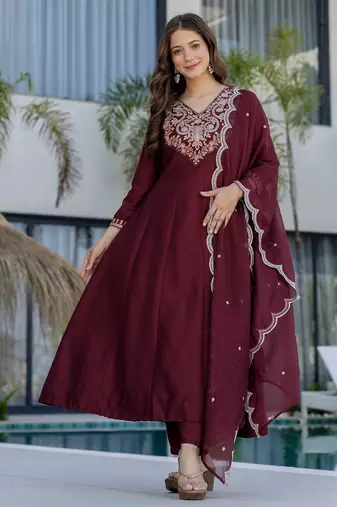 Maroon chinon beautiful graceful ceremonial kurta set