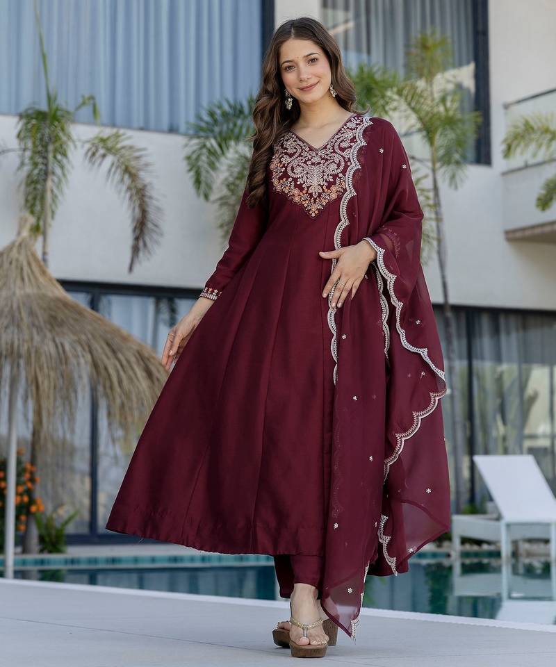 Maroon chinon  fabric beautiful graceful ceremonial kurta set