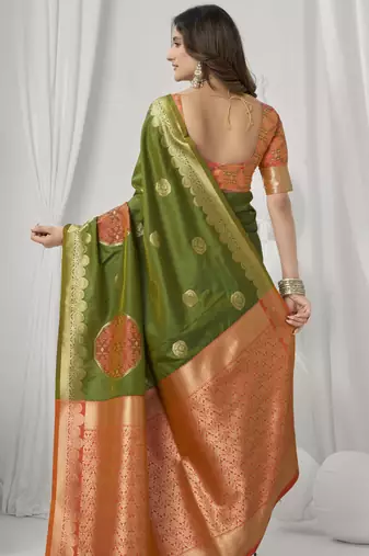 Mehendi soft silk blend saree with elegant fancy pom-pom pallu
