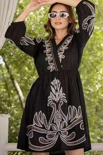 Black color beautiful embroidery cotton tunic for girl