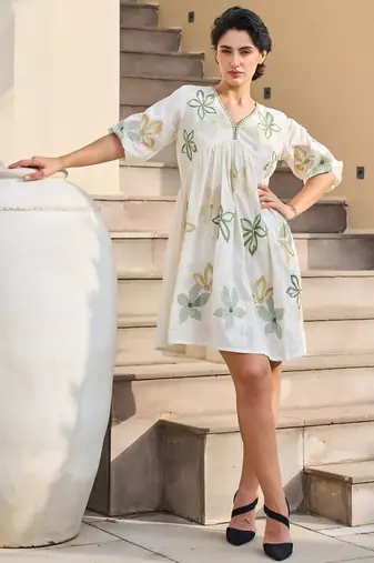 White color beautiful designer embroidery work cotton fabric tunic for girl