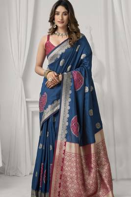 teal teal soft silk blend saree with elegant fancy pom-pom pallu 1