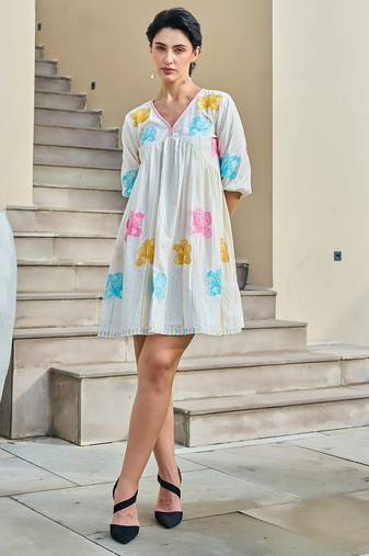 White color beautiful designer embroidery work cotton fabric tunic for girl