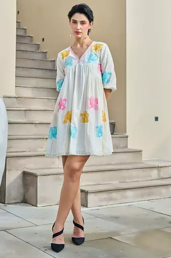 White color beautiful designer embroidery work cotton fabric tunic for girl