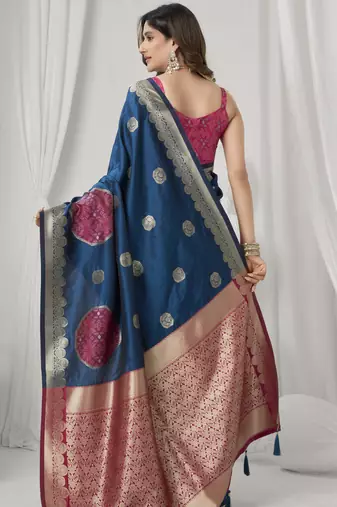 teal teal soft silk blend saree with elegant fancy pom-pom pallu