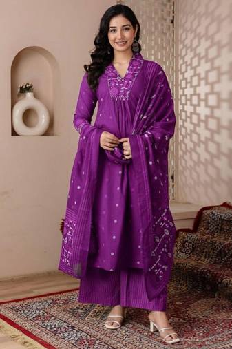 Cotton cambric printed a-line kurti-pant-dupatta  set