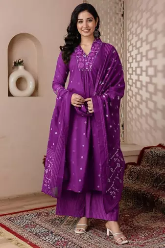 Cotton cambric printed a-line kurti-pant-dupatta  set