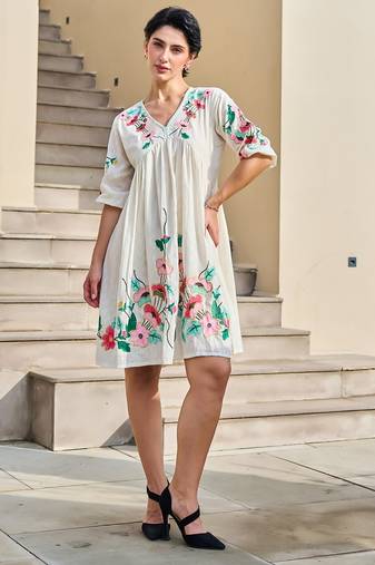 White color beautiful designer embroidery work cotton fabric tunic for girl