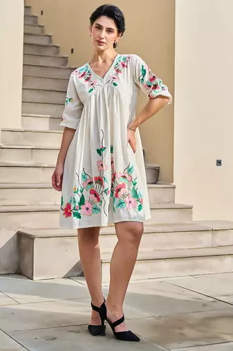 White color beautiful designer embroidery work cotton fabric tunic for girl