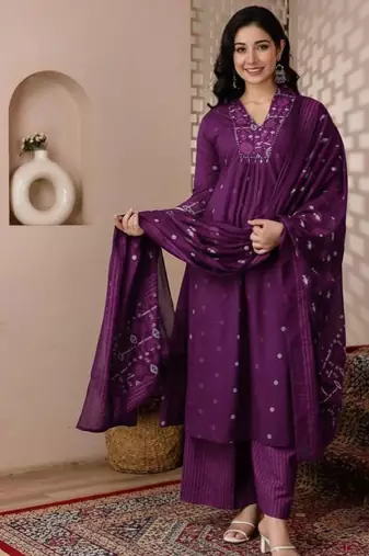Cotton cambric printed a-line kurti-pant-dupatta  set