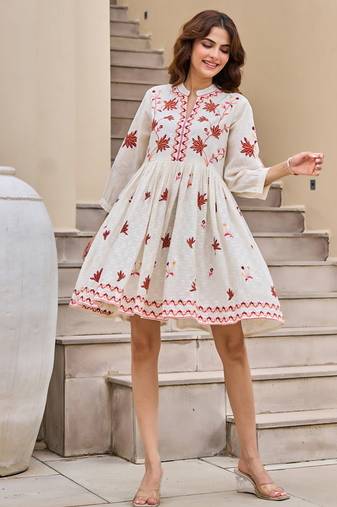 White color beautiful designer embroidery work cotton fabric tunic for girl