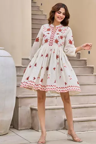 White color beautiful designer embroidery work cotton fabric tunic for girl